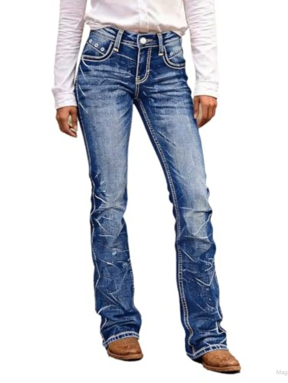 Bootcut Mid Waist Eyelet Decor Retro Jeans Women